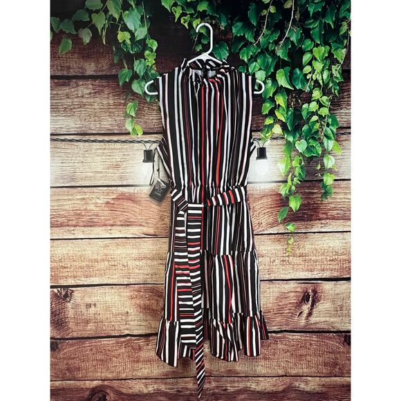 Area Stars Striped Belted Tiered Dress L Midi Holiday Party Workwear Sleeveless - Picture 3 of 6